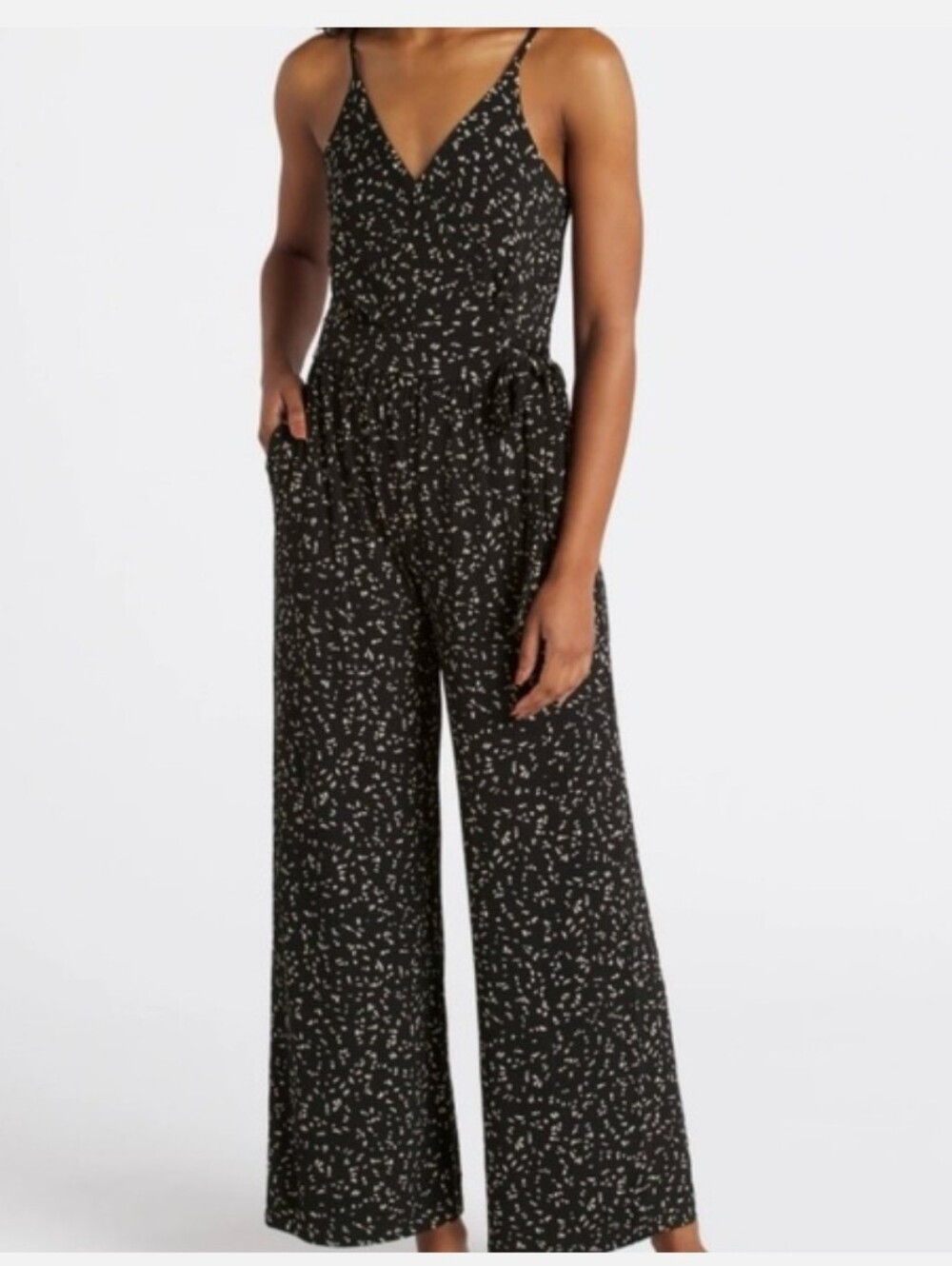 Kaileigh Black Printed Jumpsuit w Tie Waist & Spaghetti Straps Medium Petite
